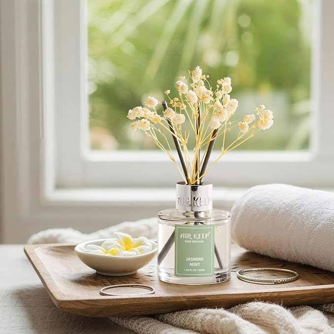 Reed Diffuser Set,1.69 fl oz (50 ml) - Jasmine Mint Oil Diffusers with 8 Reed Sticks,Home Fragrance Reed Diffuser for Bathroom Shelf Decor