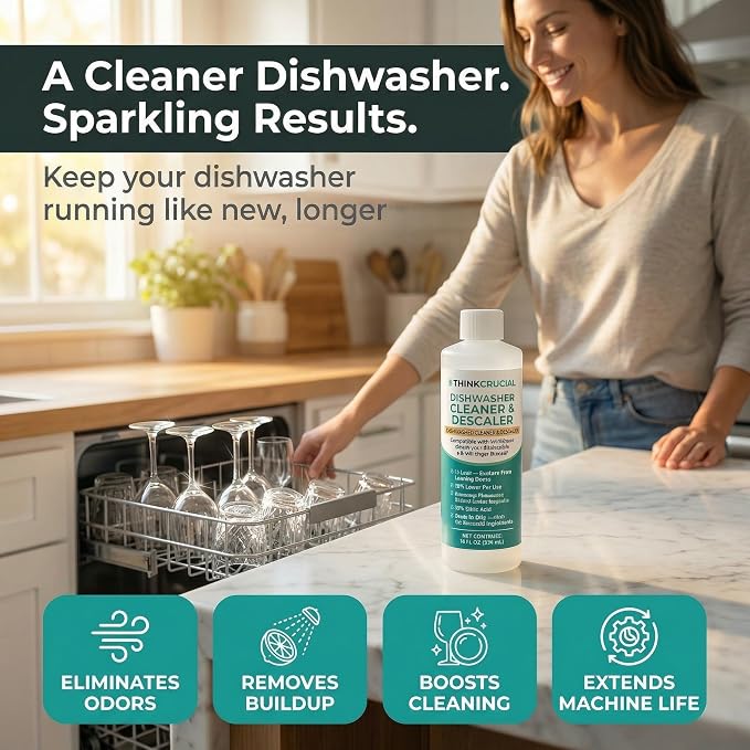 Think Crucial Dishwasher Cleaner & Descaler, 15 Uses, 75% Savings Per Use – 32% Citric Acid Liquid Concentrate – Whirlpool, Bosch, KitchenAid, Samsung, LG – 16 FL OZ