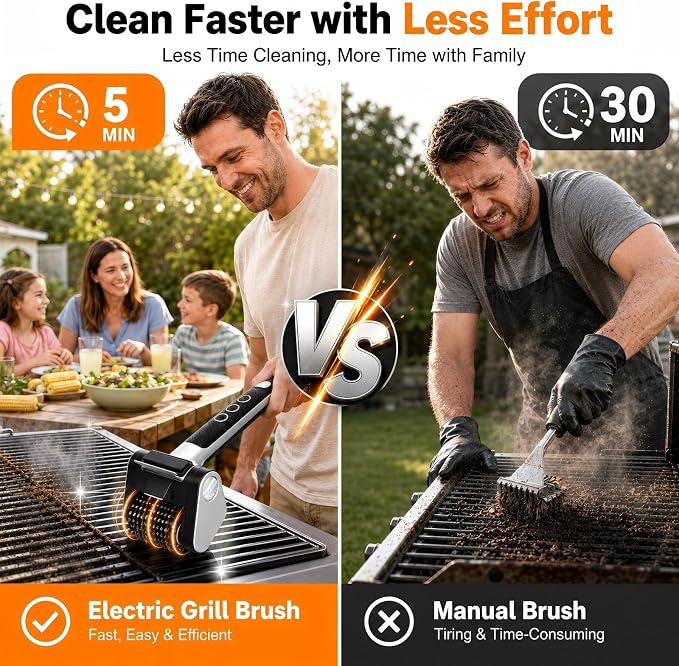 Electric Grill Brush, Cordless BBQ Grill Cleaner with High Torque Motor, 3-Speed Rotary Brush, LED Light & Stainless Steel Scraper, 4000mAh Rechargeable Tool for Outdoor Grills, Griddles & Smokers