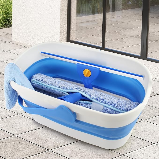 PIMEKOY Window Cleaning Kit with 3 Gal Collapsible Bucket for Home, Outdoor | 61" Long Handle Window Squeegee & Microfiber Scrubber, 3 Gal Bucket, High Window Washing Kit, Window Cleaner Tool for Glass