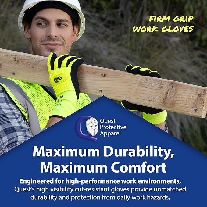 Quest Protective Apparel - High Visibility Cut Resistant Work Gloves - Puncture Resistant Safety Gloves for Men and Women Medium, 1 Pair