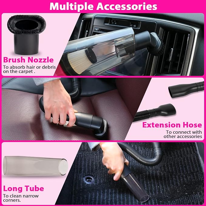 THINKWORK Car Detailing Kit with Vacuum, Pink Car Cleaning Accessories Set | 8000PA High Suction/High power Cordless Vacuum Cleaner,Led Light, Interior deep cleaning, 22Pcs,Home & Vehicle,Gift for Women