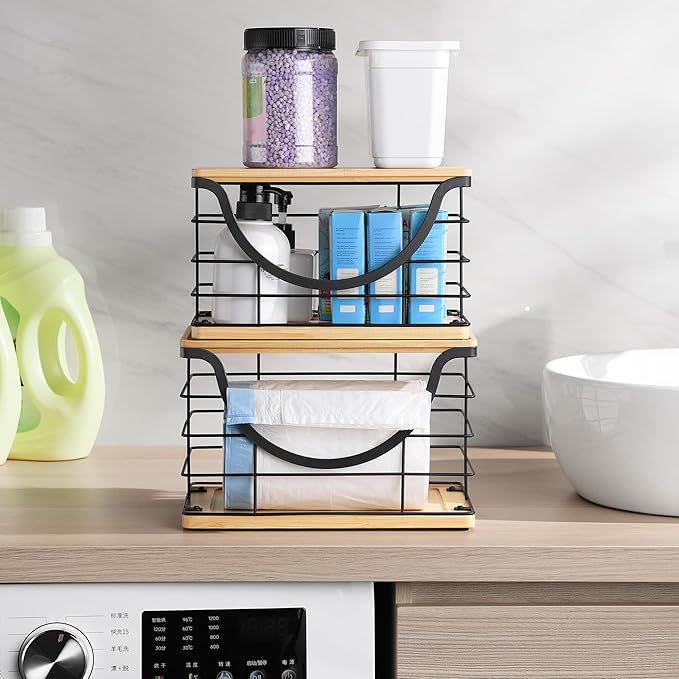 Extra Large Trash Bag Holder Stackable Kitchen Storage, 2 Pack Wall Mounted Pantry Organizers and Storage with Bamboo Top, Garbage Bag Dispenser Under Sink for Laundry Room and Kitchen