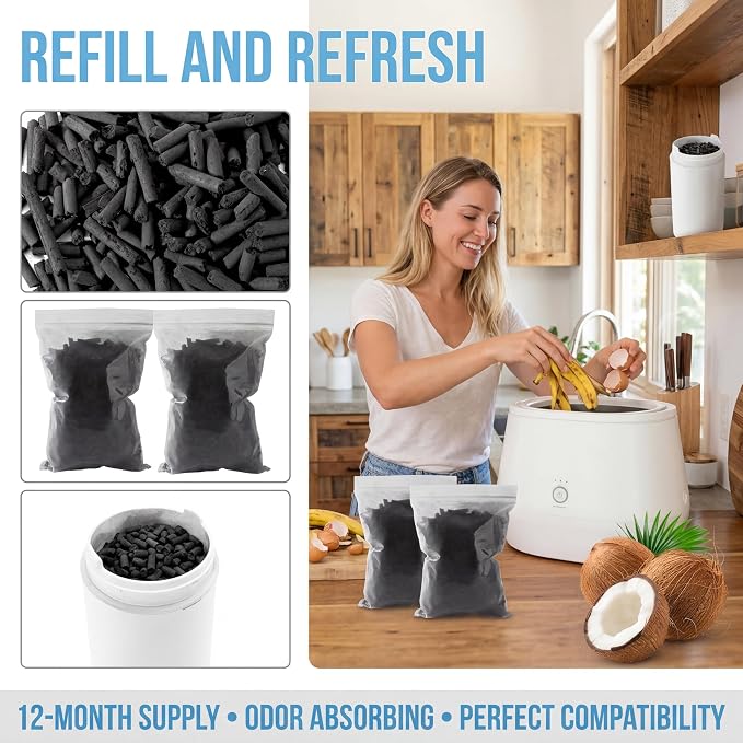 Odor Absorbing Activated Charcoal Filter Refills 2-Pack (2 Lbs) | for Lomi Electric Countertop Composter，12-Month Supply, Replacement Filters for Lomi Smart Waste Kitchen Composter