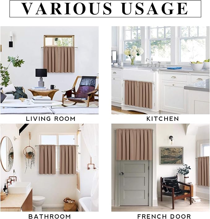 RYB HOME Small Window Curtains with Rod Pocket Design, Blackout Privacy Curtains Drapes Energy Efficient Covering for Closet Pantry, W 34 x L 45 inches, 2 Panels,Mocha