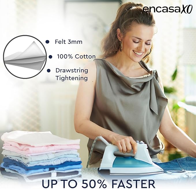 Encasa XO Ironing Board Cover and Pad 49"x18" - Thick 3mm Felt Padding, Drawstring Tightening & Lock, Easy Fit, Scorch & Stain Resistant, Fits Wide Ironing Board - White Tiles
