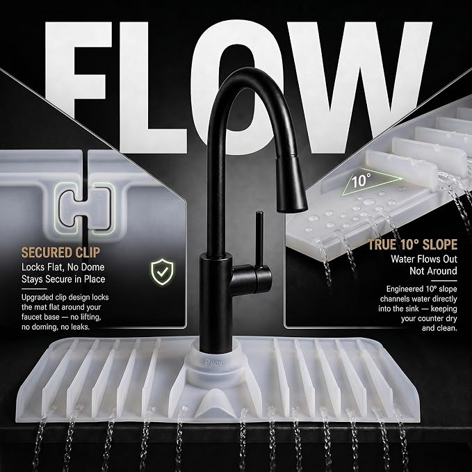 Premium Kitchen Sink Splash Guard – 18" x 5.7" Silicone Faucet Mat with Secure Pressure Clip, True 10° 3D Drainage(No Pooling), Anti-Lift Design, Flexible Leak-Sealing Ring, Non-Slip Fit Behind Faucet