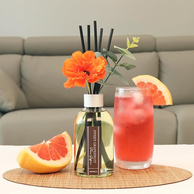 Grapefruit Reed Diffuser, Room Scent Diffuser with Red Flower, Difusor De Varillas, Aesthetic Room Decor, Apartment House Bathroom Essentials, Air Fresheners for Home Long Lasting