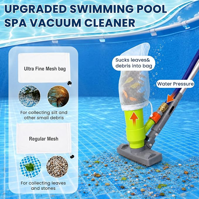 Sepetrel Deluxe Swimming Pool Cleaning Kit with Spa Jet Vacuum Cleaner,Brush, Semi-deep Skimmer Net & Adjustable 57.5-inch Pole,Ideal for Cleaning Above Ground,Inflatable Pools