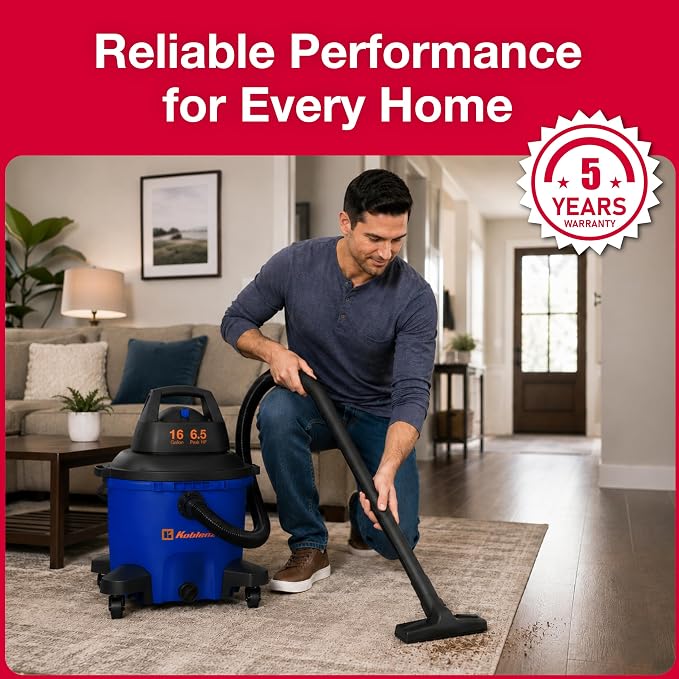 Koblenz WD-16 L4 Wet Dry Vacuum Cleaner, 16 Gallon Wet Dry Vac, 6.5 PHP | 3-in-1 Suction & Blower, CLICK-N-LOCK Hose, Drain Plug, Big Vacuum Cleaner for Carpet & Floors, Swivel Casters, Black/Blue