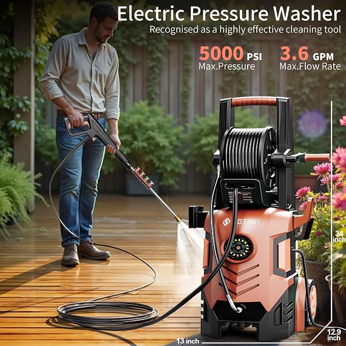 2026Upgraded Pressure Washer 5000PSI with Adjustable Touch Screen 8 Level, 34" Tall, 4 Quick Connect Nozzles,Inlet Hose&Filter&500mlFoam Cannon for Cars/Fences/Driveways/Home Cleaning,Red