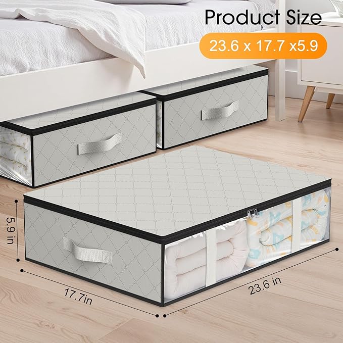 StorageRight Under Bed Storage Bins, 3-Pack 40L Foldable Fabric Storage Bags with Transparent Window, Breathable Organizer for Clothes/Blanket/Comforter/Quilt, White