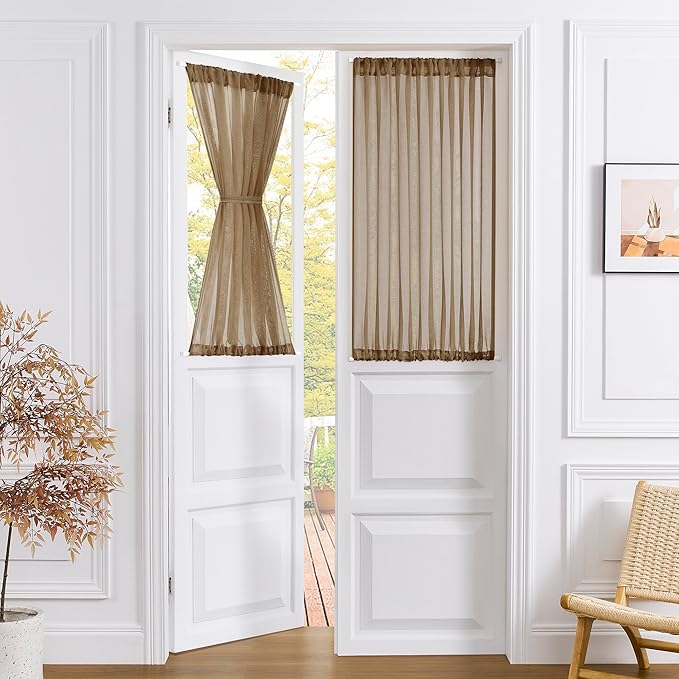 Tollpiz Short Sheer Door Curtain Closet Linen Textured Curtain Sheers Doorway Light Filtering Voile Patio Glass Door Rod Pocket Curtains French Door, 54 x 54 inches Long, Brown, Set of 1 Panel