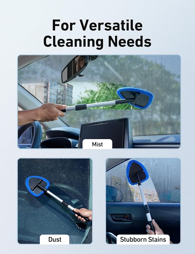 AstroAI 21" Extra-Long Windshield Cleaner Tool, Car Interior Detailing Cleaning Kit with Extendable Handle and 4 Upgraded Reusable Microfiber Pads, Auto Glass Wiper Brush Kit for Cars, Blue, 2 Pack