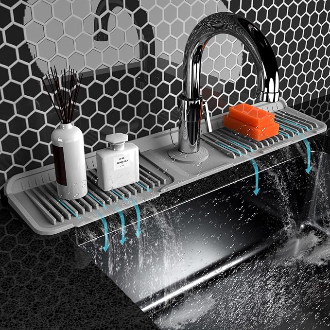Folding sink splash guard behind faucet-faucet mat for kitchen sink-silicone kitchen faucet mat-faucet draining mat of sink accessories with button lock