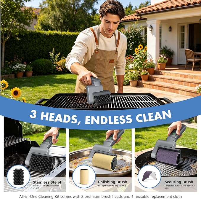 Electric Grill Brush, Cordless BBQ Cleaner, 3-Speed & Angle Adjustable, 3-in-1 Kit with Gloves, Reinforced Bristles, 150Mins Runtime, Removable & Dishwasher Safe for Outdoor BBQ Grates (Light Gray)