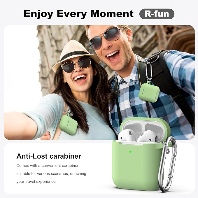 R-fun for AirPods 1/2 Case, Soft Silicone Protective Cover with Keychain and Cleaning Pen, Compatible with AirPods 2nd/1st Generation (2016/2019), Full Drop Protection Cover, Avocado