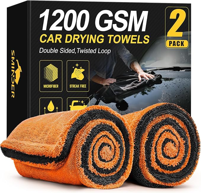 SMINDER 2-Pack 1200 GSM Car Drying Towels – Microfiber Towels for Cars (36" x 24"), Ultra-Absorbent, Streak-Free, Scratch-Free, No Water Spots, Double-Twist Pile & Edgeless Design(Orange)