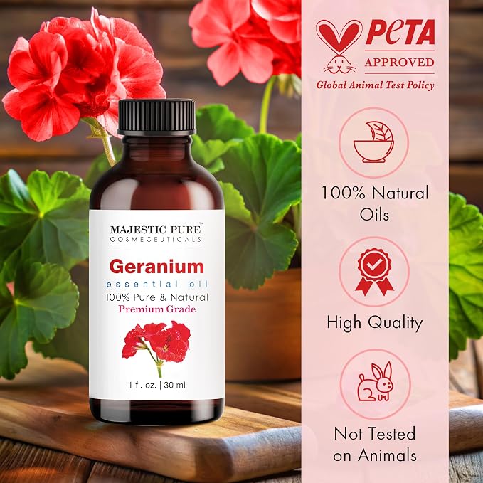 Majestic Pure Geranium Essential Oil for Diffuser - 1 Fl Oz | 100% Natural Essentials Oils Ideal for Relaxing Tense Mood, Eliminating Odor, Creating Peaceful Atmosphere for Sleep & Work