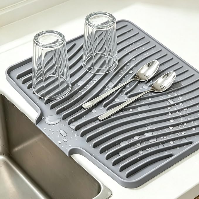 Silicone Dish Drying Mat,Dish Drying Pad,Kitchen Accessories,with Built-In and Non-Slip Drain,Easy Clean, Fit for Kitchen, Bar, RV, Refrigerator and Drawer Liner, 19.7*17 in Grey 1PCS by EBIGIC