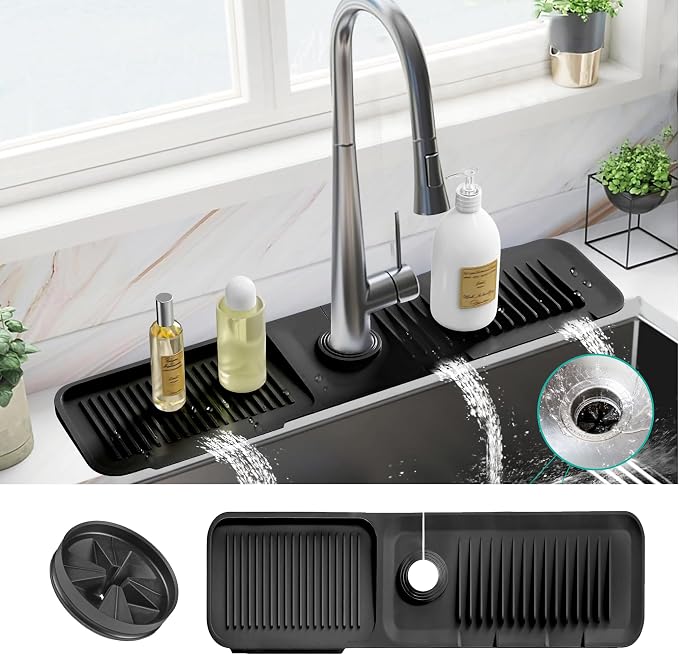 18x5.5 Inch Silicone Faucet Mat for Kitchen Sink - Kitchen Sink Splash Guard with FREE Rubber Drain Insert, Faucet Guard Draining Mat & Sink Water Splash Guard (Black)