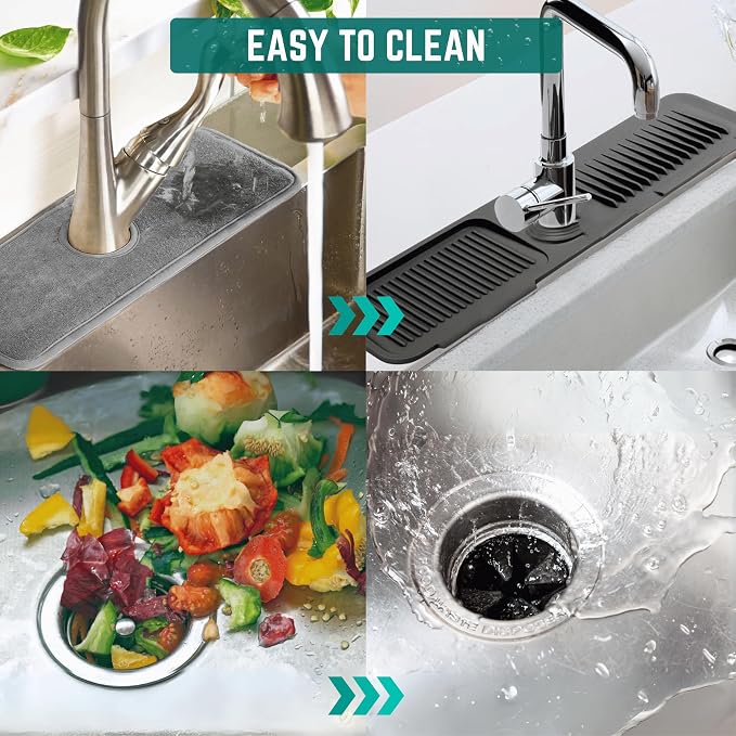 18x5.5 Inch Silicone Faucet Mat for Kitchen Sink - Kitchen Sink Splash Guard with FREE Rubber Drain Insert, Faucet Guard Draining Mat & Sink Water Splash Guard (Black)