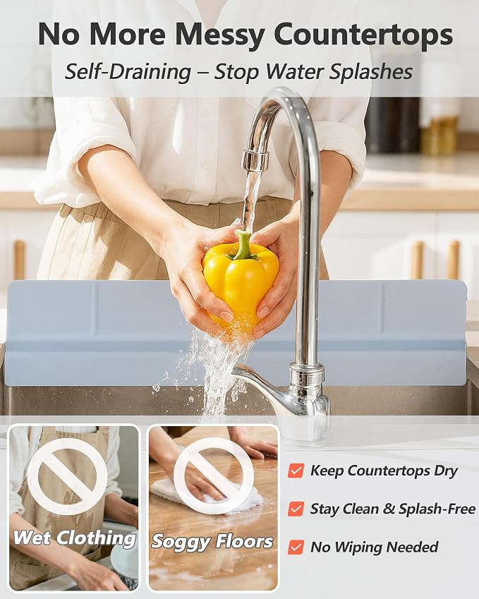 Kitchen Sink Splash Guard 18" 23" 30" Self-Draining Silicone Water Guard with High Splash Wall & Strong Suction Cups for Faucet, Countertop & Sink Edge, Keeps Sinks Dry, Dishwasher Safe, Gray