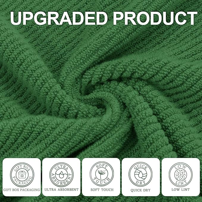 Green Towels, 6 Piece Towels Set - Cotton | Quick Dry | Thick | Lightweight | Soft, 2 Large Bath Towels 30"x56", 2 Hand Towels 18"x28", 2 Washcloths 13"x13", Luxury Towel Gift, Hunter Green