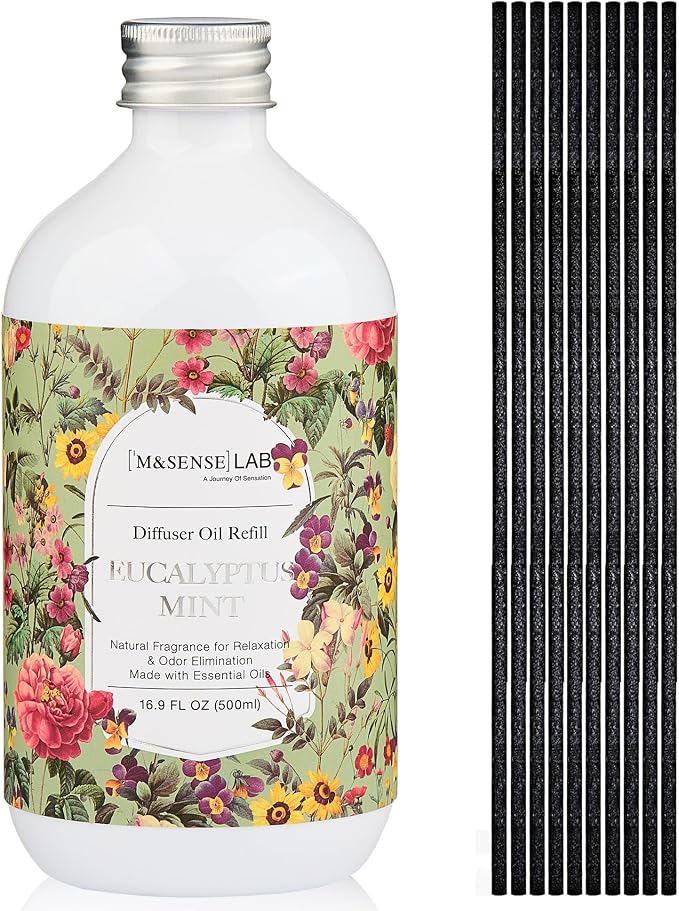 M&SENSE Reed Diffuser Set, Eucalyptus & Mint, 17oz Natural Essential Oil | Non-Toxic Organic, Long-Lasting Fragrance, Ideal for Living Room, Home Gym, Gifts for Women