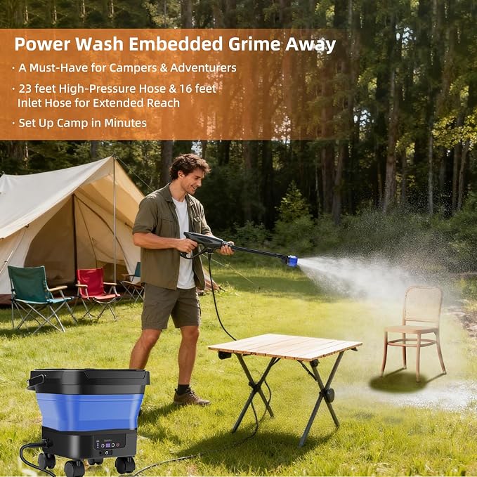 Portable Pressure Washer Rechargeable with 13L Water Tank, Foldable Power Washer Cordless, 7 Adjustable Pressure Levels, Water Sprayer with 23FT Hose for Camping, Bike, Pet, Garden, Car Wash
