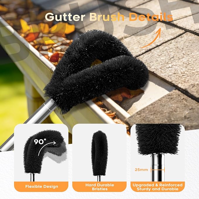 13ft Gutter Cleaning Tools From the Ground, No Ladder Needed, 3-in-1 Gutter Cleaner Pole with Replaceable Brush Rake Scoop, 180° Adjustable Angle for Leaves & Debris Cleaning with Grip Tapes