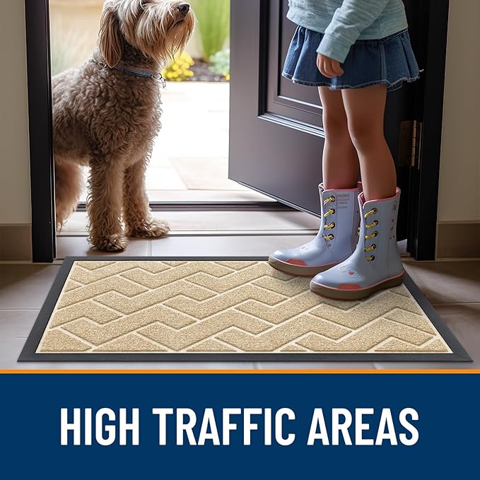 OLANLY Front Door Mat Indoor Outdoor Entrance, Waterproof All-Season, All-Weather Doormat, Sturdy Natural Rubber, Low Profile, Easy Clean Patio Porch Entryway Mat, Herringbone Brick (Beige, 71x47)