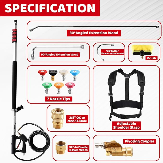 RIDGE WASHER 24 FT Telescoping Pressure Washer Wand, with Brush, 4000 PSI | Telescopic Gutter Cleaner With 3 Stainless Steel Curve Wands, Adjustable Support Belt, 7 Nozzles