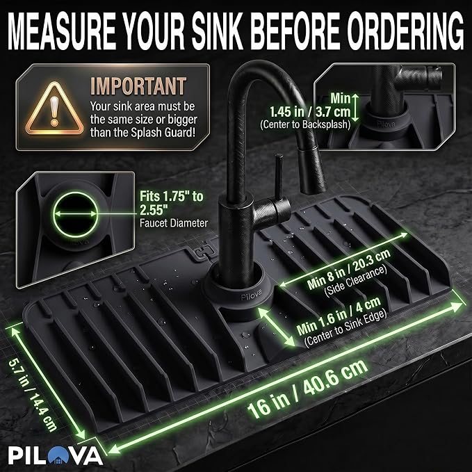 Premium Kitchen Sink Splash Guard – 16" x 5.7" Silicone Faucet Mat with Secure Pressure Clip, True 10° 3D Drainage(No Pooling), Anti-Lift Design, Flexible Leak-Sealing Ring, Non-Slip Fit Behind Faucet