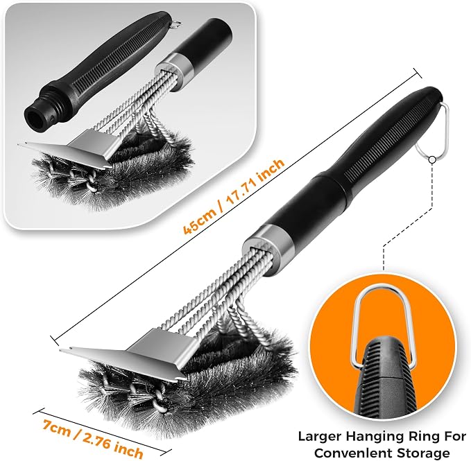 18'' BBQ Grill Cleaning Brush Scraper, 3 in 1 Barbecue Woven Wire Brush for Grill, Stainless Grill Grate Cleaner, for Weber Gas, Charcoal, Electrical, Infrared