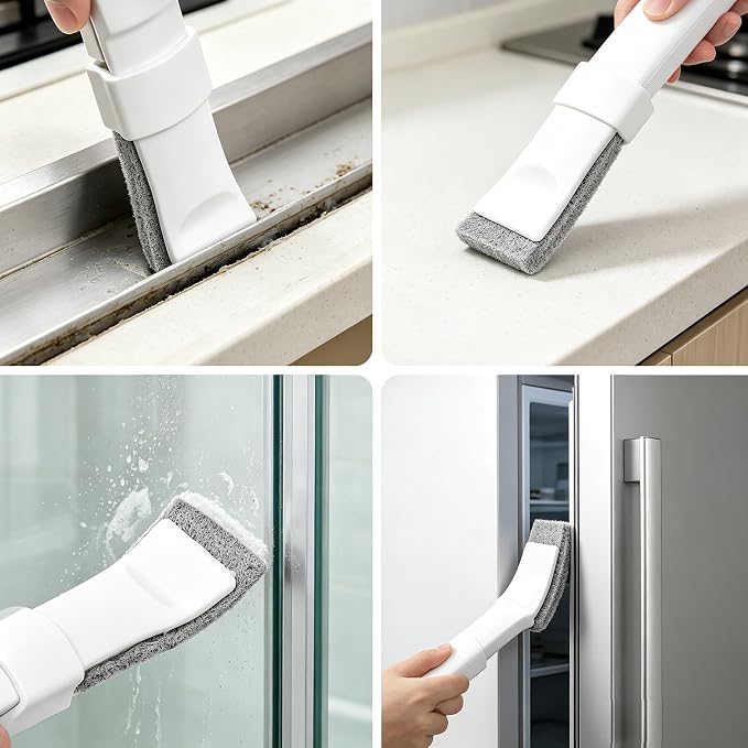 Crevice Cleaning Brush with 10 Replacement Scouring Pads, Deep Detail Scrubbing Tool for Window Track, Sliding Door Rail, Tile Grout, Shower