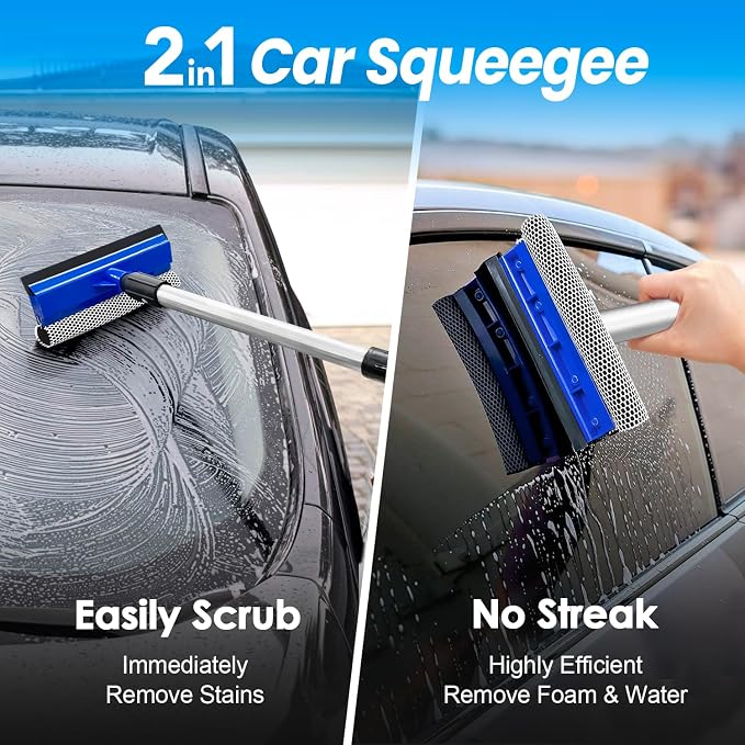 ARTIPOLY 65'' Five-Sided Car Wash Brush with Long Handle, Scratch-Free Car Cleaning Kit with Soft Wash Brush, Tire Brush, Window Squeegee, Car Wash Mitt, Microfiber Cleaning Head & Extension Pole