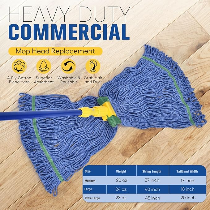 Matthew Cleaning Commercial Mop Head Replacement, 5 Inch Wide Headband, Looped End Cotton Blend String Wet Mops for Floor Cleaning, 18 oz Medium, 1-Pack Blue