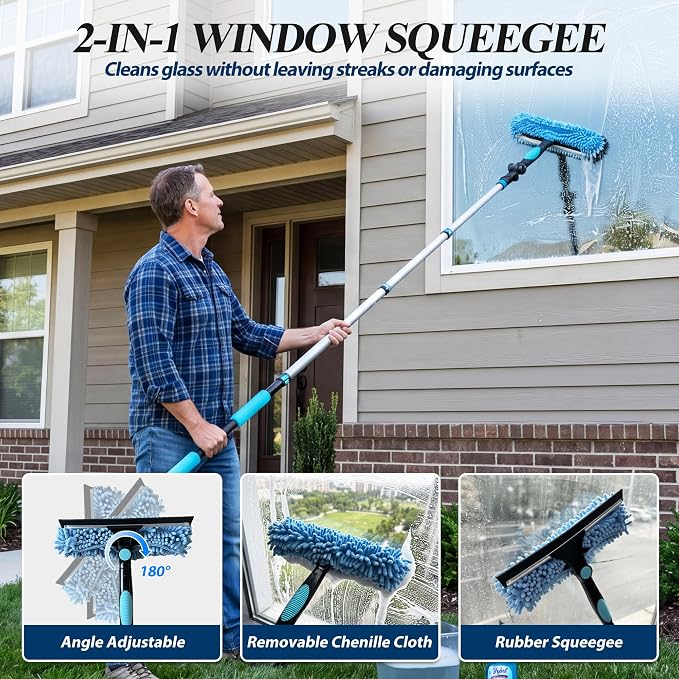 COVERONICS 25FT High Duster Cleaning Tools with 5-20FT Extension Poles | Reusable Fan Duster Cleaning Kits with Ceiling Fan Cleaner Duster, Window Squeegee, Microfiber Feather Duster & Cobweb Duster