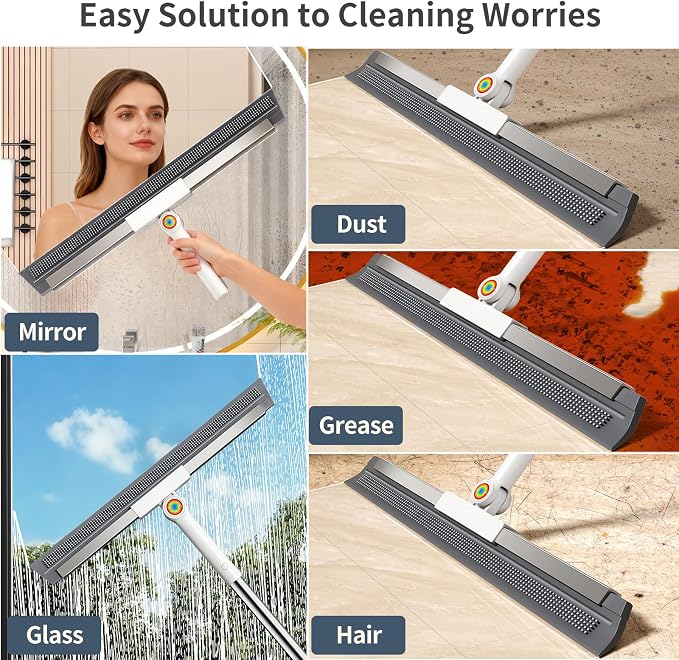 Floor Squeegee for Concrete Floor, Squeegee for Floor with 180° Rotating Head & 63" Long Handle, Garage Squeegee Broom for Epoxy Floor, Pet Hair, Water Removal, Bathroom Tile, Shower Glass, Carpet