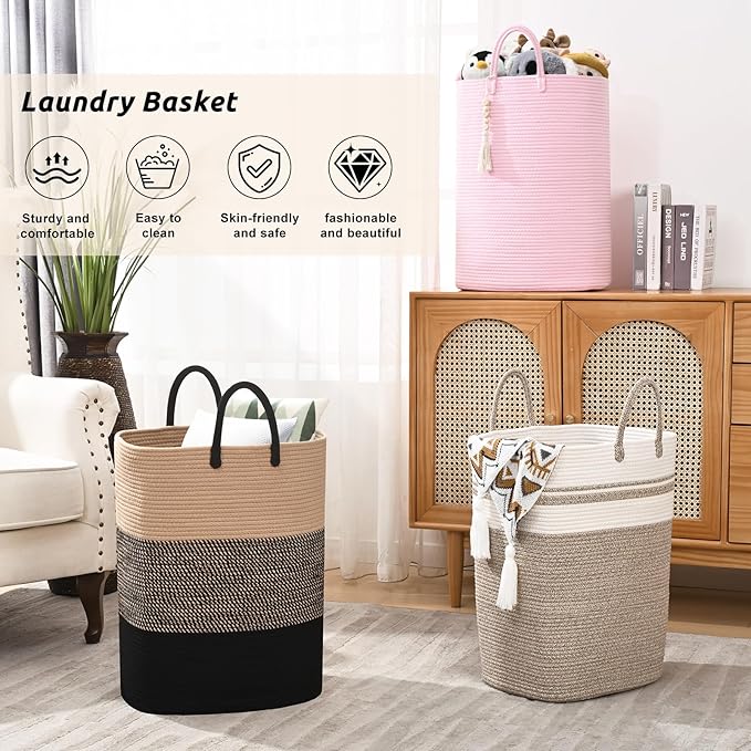 Woven Laundry Basket for Clothes, 65L Large Rectangle Laundry Hampers with Beads Tassel, Nursery Storage Basket for Toys, Tall Dirty Clothes Hamper for Bedroom Aesthetic, Laundry Room Organization
