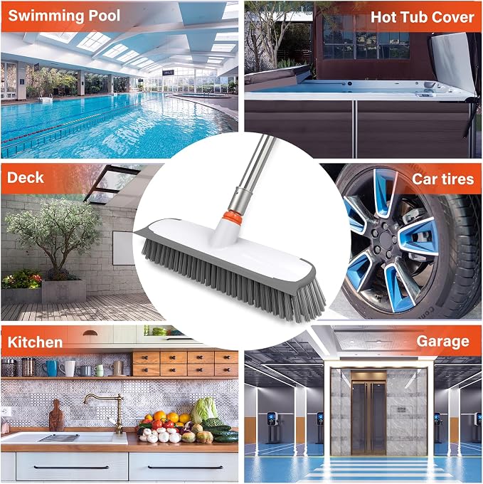 Floor Scrub Brush with Long Handle, 12" Wide 2-in-1 Deck Brush and Squeegee with 55" Stainless Steel Pole, Heavy-Duty Stiff Bristles for Shower, Tile, Garage, Patio & Kitchen-Orange
