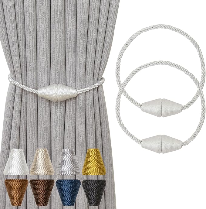 Magnetic Curtain Tiebacks 2 Pack Outdoor Rope Curtain Tie Backs Decorative Window Treatment Holdbacks for Home Decorative Curtain, White