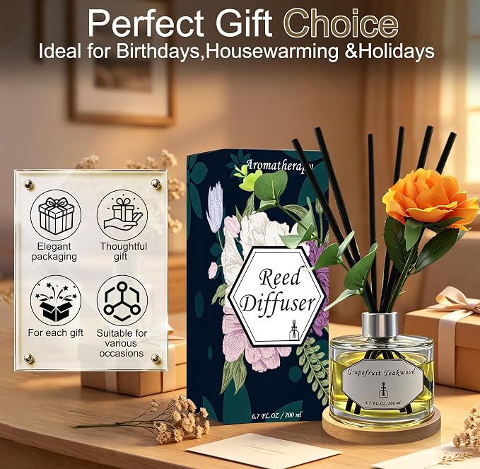 Reed Diffuser Set, 5 fl oz Grapefruit Teakwood Scented Oil Diffuser, Home Fragrance with Cotton Reed Sticks for Bedroom, Office, Bathroom Shelf Decor & Gifts