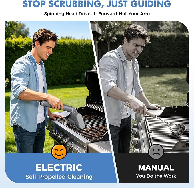 Electric Grill Brush, Cordless BBQ Cleaner, 3-Speed & Angle Adjustable, 3-in-1 Kit with Gloves, Reinforced Bristles, 150Mins Runtime, Removable & Dishwasher Safe for Outdoor BBQ Grates (Light Gray)
