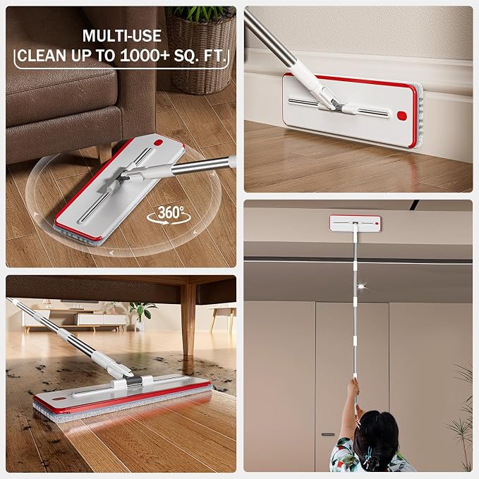 HoMettler Mop and Bucket Set, 3-Tank Flat Mop and Bucket System for Separate Dirty & Clean Water, 65" Mops for Floor Cleaning with 6 Washable Pads, Safe for Hardwood, Vinyl, Tile, Baseboards, Walls
