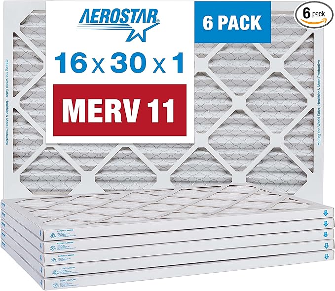 Aerostar 16x30x1 MERV 11 Pleated Air Filter, AC Furnace Air Filter, 6 Pack (Actual Size: 15 1/2" x 29 1/2" x 3/4")