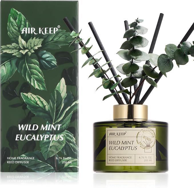 Reed Diffuser Set with 6.76 fl oz Wild Mint & Eucalyptus Scent Essential Oils and 3 Leaves & 8 Diffuser Sticks,Bathroom Shelf Decor & Air Freshener, House Bedroom Office Decor & Gifts