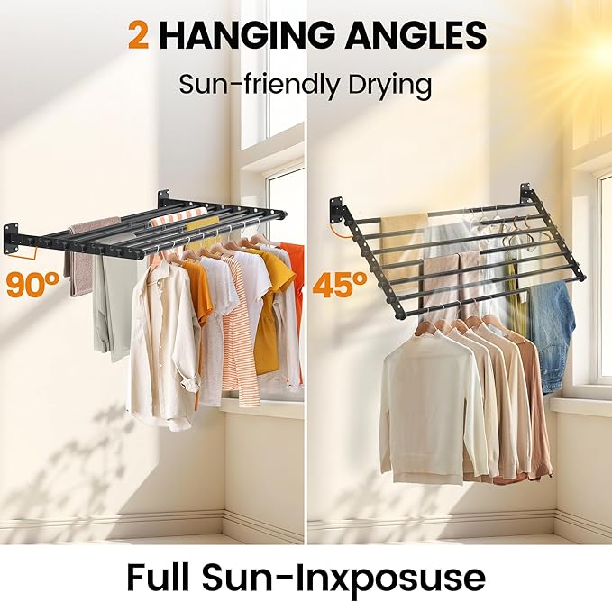 Wall Mounted Clothes Drying Rack 57 Inch – Foldable Laundry Drying Rack for Wall Mount, Space Saving Indoor Drying Rack for Clothes, Compact & Sturdy Design