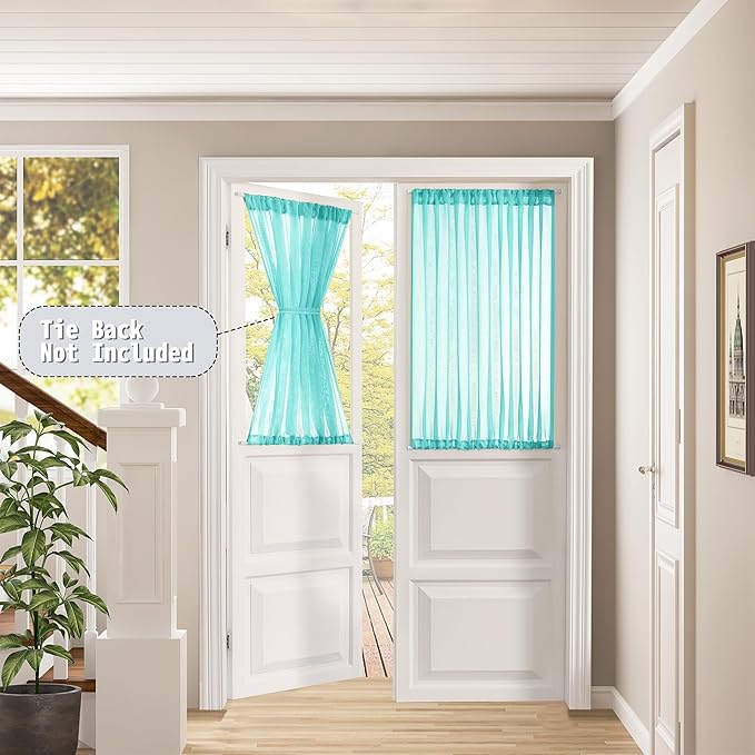 Tollpiz Small Sheer Door Curtain Closet Linen Textured Curtain Sheers Doorway Light Filtering Voile French Door Rod Pocket Curtains Patio Door, 25 x 40 inches Long, Aqua Blue, Set of 1 Panel